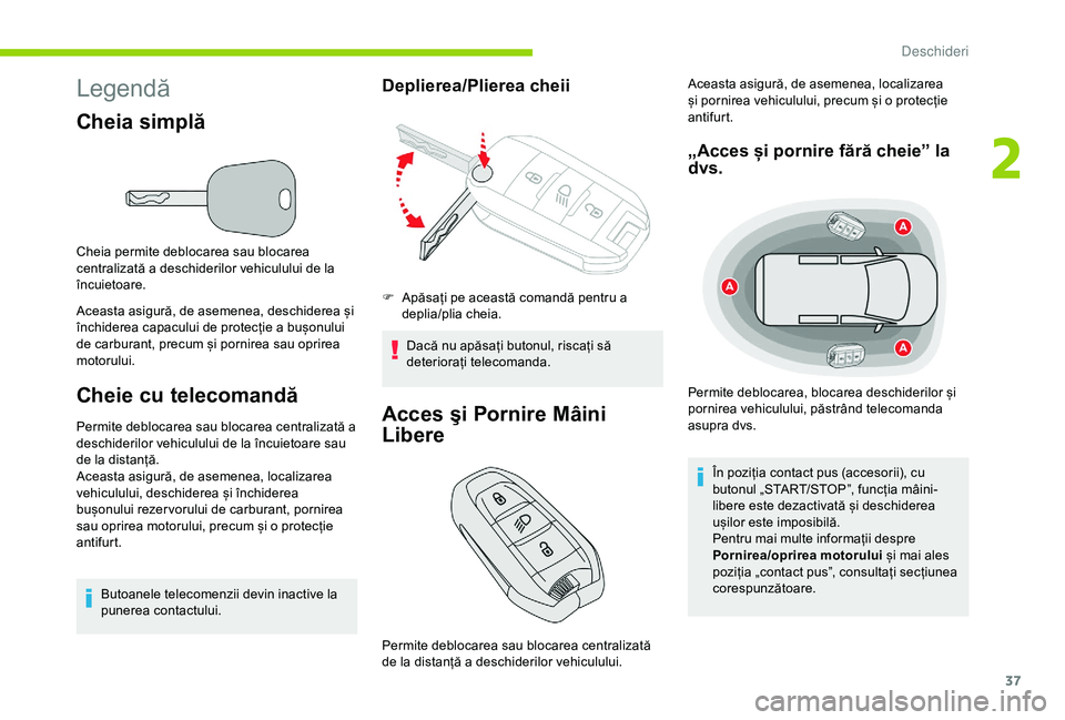 CITROEN BERLINGO VAN 2019 Ghiduri De Utilizare (in Romanian) 37
Legendă
Cheia simplă
Cheia permite deblocarea sau blocarea
centralizată a deschiderilor vehiculului de la
încuietoare.
Aceasta asigură, de asemenea, deschiderea și
închiderea capacului de CITROEN BERLINGO VAN 2019 Ghiduri De Utilizare (in Romanian) 37
Legendă
Cheia simplă
Cheia permite deblocarea sau blocarea
centralizată a deschiderilor vehiculului de la
încuietoare.
Aceasta asigură, de asemenea, deschiderea și
închiderea capacului de