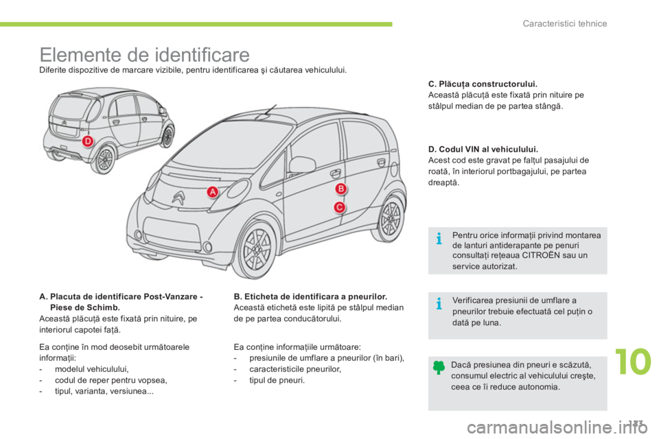 CITROEN C-ZERO 2011 Ghiduri De Utilizare (in Romanian) 10
i
i
Caracteristici tehnice
123
Elemente de identifi care
Diferite dispozitive de marcare vizibile, pentru identificarea şi căutarea vehiculului.
A. Placuta de id CITROEN C-ZERO 2011 Ghiduri De Utilizare (in Romanian) 10
i
i
Caracteristici tehnice
123
Elemente de identifi care
Diferite dispozitive de marcare vizibile, pentru identificarea şi căutarea vehiculului.
A. Placuta de id