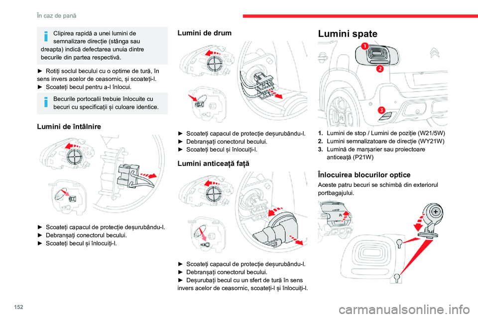 CITROEN C3 AIRCROSS 2021 Ghiduri De Utilizare (in Romanian) 152
În caz de pană
Clipirea rapidă a unei lumini de
semnalizare direcție (stânga sau
dreapta) indică defectarea unuia dintre
becurile din partea respectivă.
► Rotiți soclul becului cu o o CITROEN C3 AIRCROSS 2021 Ghiduri De Utilizare (in Romanian) 152
În caz de pană
Clipirea rapidă a unei lumini de
semnalizare direcție (stânga sau
dreapta) indică defectarea unuia dintre
becurile din partea respectivă.
► Rotiți soclul becului cu o o