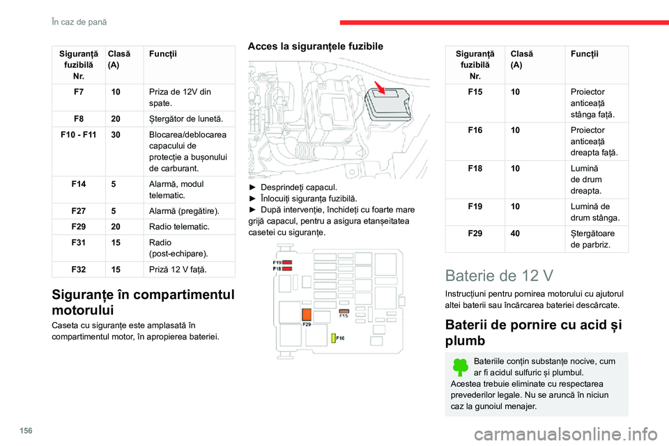 CITROEN C3 AIRCROSS 2021  Ghiduri De Utilizare (in Romanian) 156
În caz de pană
Predați bateriile uzate de orice tip la un punct de colectare specializat.
Înainte de a manipula bateria, 
protejați-vă ochii și fața.
Orice operație la o baterie trebuie e