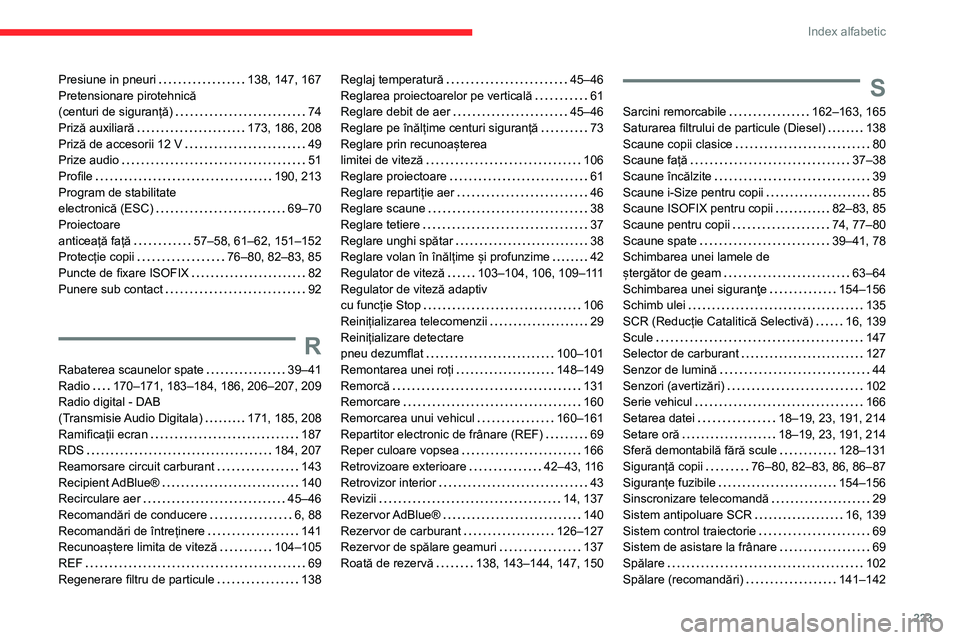 CITROEN C3 AIRCROSS 2021 Ghiduri De Utilizare (in Romanian) 223
Index alfabetic
Presiune in pneuri 138, 147, 167Pretensionare pirotehnică (centuri de siguranță) 74Priză auxiliară 173, 186, 208Priză de accesorii 12 V 49Prize audio 51Profile 1 CITROEN C3 AIRCROSS 2021 Ghiduri De Utilizare (in Romanian) 223
Index alfabetic
Presiune in pneuri 138, 147, 167Pretensionare pirotehnică (centuri de siguranță) 74Priză auxiliară 173, 186, 208Priză de accesorii 12 V 49Prize audio 51Profile 1