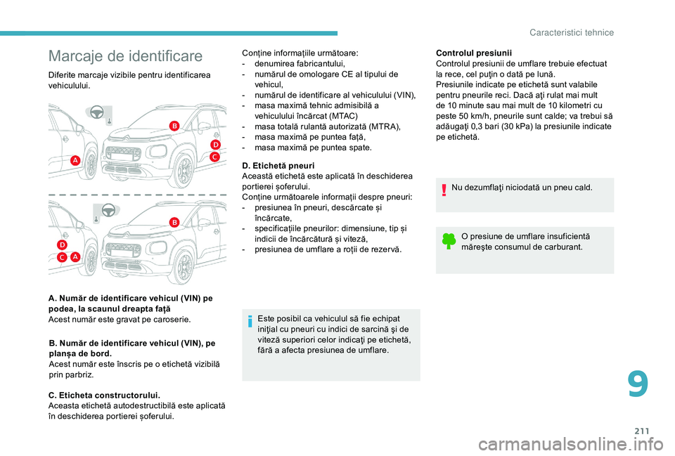 CITROEN C3 AIRCROSS 2019 Ghiduri De Utilizare (in Romanian) 211
Controlul presiunii
Controlul presiunii de umflare trebuie efectuat
la rece, cel puţin o dată pe lună.
Presiunile indicate pe etichetă sunt valabile
pentru pneurile reci. Dacă aţi rulat ma CITROEN C3 AIRCROSS 2019 Ghiduri De Utilizare (in Romanian) 211
Controlul presiunii
Controlul presiunii de umflare trebuie efectuat
la rece, cel puţin o dată pe lună.
Presiunile indicate pe etichetă sunt valabile
pentru pneurile reci. Dacă aţi rulat ma