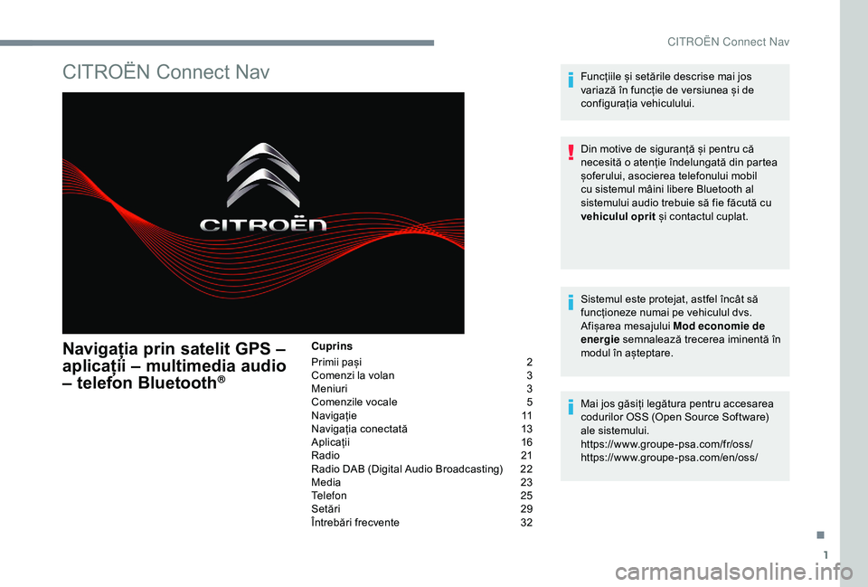 CITROEN C3 AIRCROSS 2019 Ghiduri De Utilizare (in Romanian) 1
CITROËN Connect Nav
Navigația prin satelit GPS –
aplicații – multimedia audio
– telefon Bluetooth
®
Cuprins
Primii pași
2
C
omenzi la volan
3
M
eniuri
3
C
omenzile vocale
5
N
CITROEN C3 AIRCROSS 2019 Ghiduri De Utilizare (in Romanian) 1
CITROËN Connect Nav
Navigația prin satelit GPS –
aplicații – multimedia audio
– telefon Bluetooth
®
Cuprins
Primii pași
2
C
omenzi la volan
3
M
eniuri
3
C
omenzile vocale
5
N