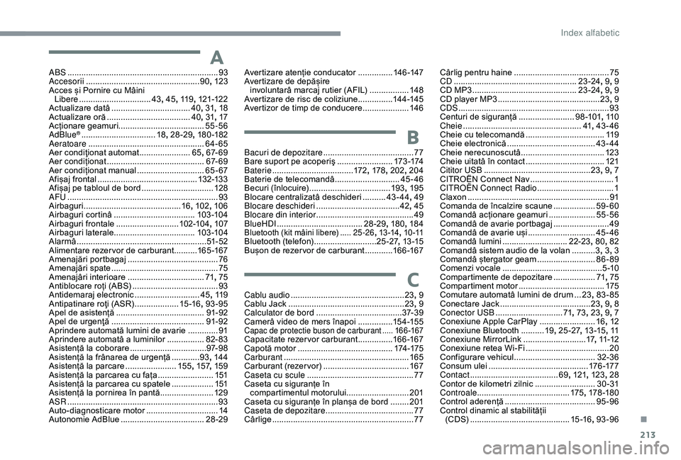 CITROEN C3 AIRCROSS 2019  Ghiduri De Utilizare (in Romanian) 213
AABS .................................................................93
Accesorii ............... .................................. 90, 123
Acces și Pornire cu Mâini  Libere
 .................