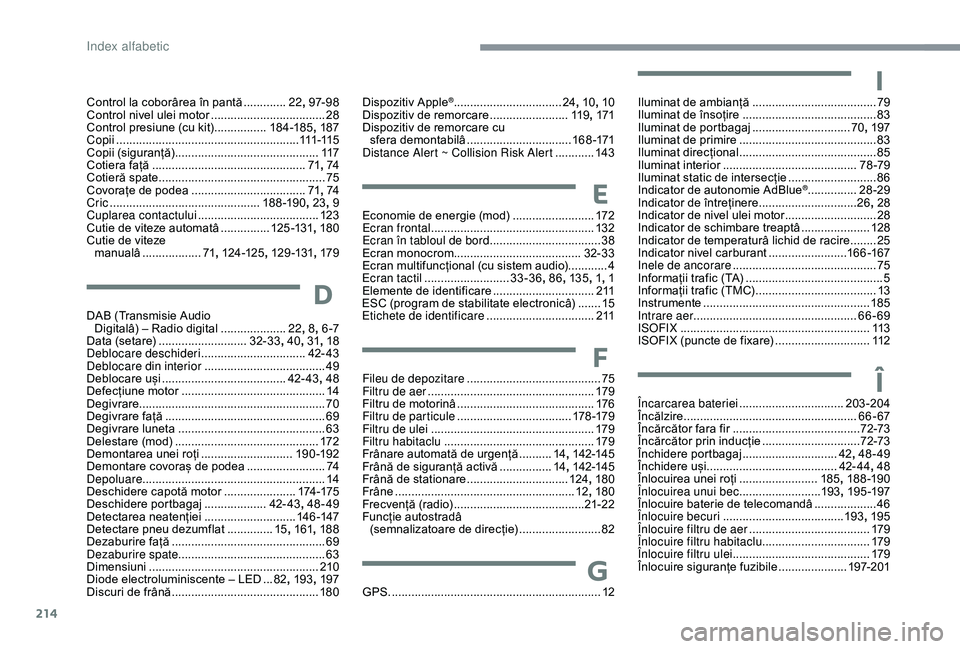 CITROEN C3 AIRCROSS 2019  Ghiduri De Utilizare (in Romanian) 214
Control la coborârea în pantă .............22,  97- 9 8
Control nivel ulei motor  ...................................28
C
ontrol presiune (cu kit)  
................18

4 -185, 187
Copii
 .....