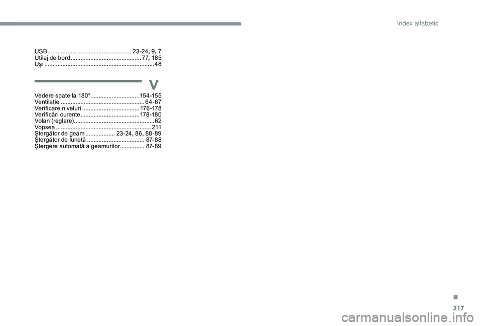 CITROEN C3 AIRCROSS 2019 Ghiduri De Utilizare (in Romanian) 217
USB ...................................................23 -24, 9, 7
Utilaj de bord ........................................... 77,
185
Uși
........
........................................... CITROEN C3 AIRCROSS 2019 Ghiduri De Utilizare (in Romanian) 217
USB ...................................................23 -24, 9, 7
Utilaj de bord ........................................... 77,
185
Uși
........
...........................................