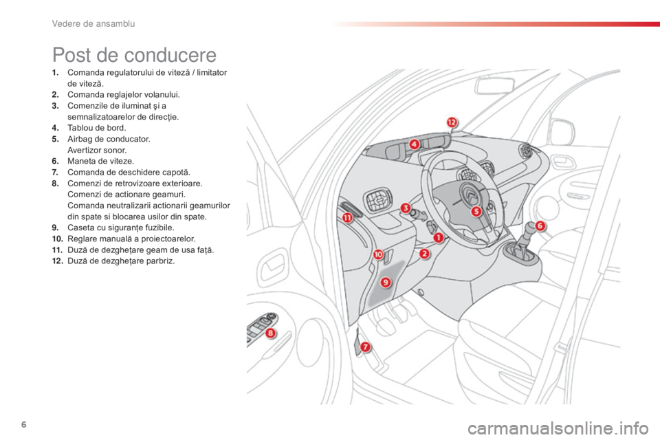 CITROEN C3 PICASSO 2015  Ghiduri De Utilizare (in Romanian) 6
C3Picasso_ro_Chap00b_vue-ensemble_ed01-2014
Post de conducere
1. Comanda regulatorului de viteză / limitator de viteză.
2.
 C

omanda reglajelor volanului.
3.
 C

omenzile de iluminat şi a 
semna