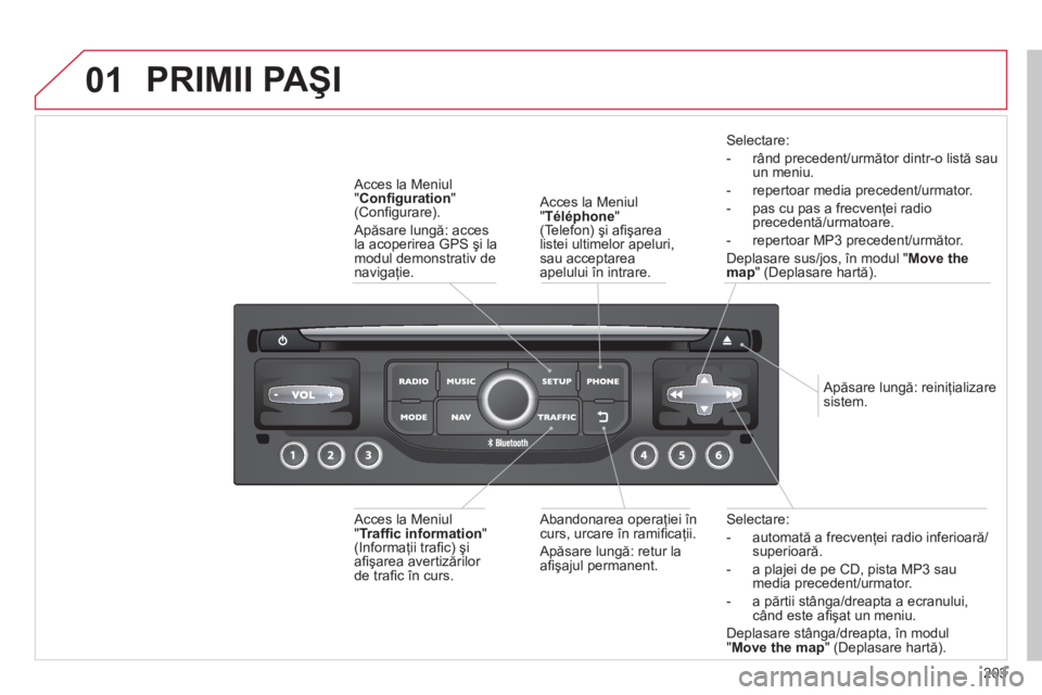 CITROEN C3 PICASSO 2014  Ghiduri De Utilizare (in Romanian) 203
01
Selectare: 
-  automată a frecven
ţei radio inferioară/superioară.
-  a pla
jei de pe CD, pista MP3 sau media precedent/urmator.
-  a părtii stân
ga/dreapta a ecranului,când este aﬁ ş