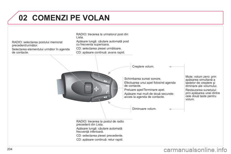 CITROEN C3 PICASSO 2014  Ghiduri De Utilizare (in Romanian) 204
02COMENZI PE VOLAN 
RADIO: selectarea postului memorat precedent/următor. 
Selectarea elementului următor în agendade contacte.  
   
Schimbarea sursei sonore.
  E
fectuarea unui apel folosind 