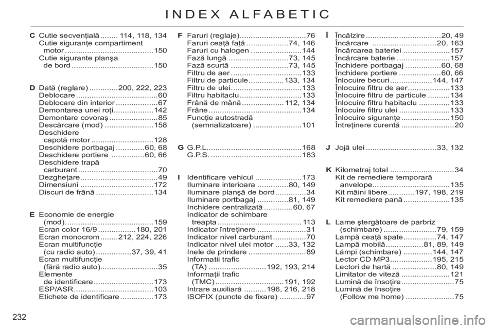 CITROEN C3 PICASSO 2012 Ghiduri De Utilizare (in Romanian) 232
INDEX ALFABETIC
Î Încălzire ..................................20, 49
Încărcare .............................20, 163
Încărcarea bateriei .....................157
Încărcare baterie ... CITROEN C3 PICASSO 2012 Ghiduri De Utilizare (in Romanian) 232
INDEX ALFABETIC
Î Încălzire ..................................20, 49
Încărcare .............................20, 163
Încărcarea bateriei .....................157
Încărcare baterie ...
