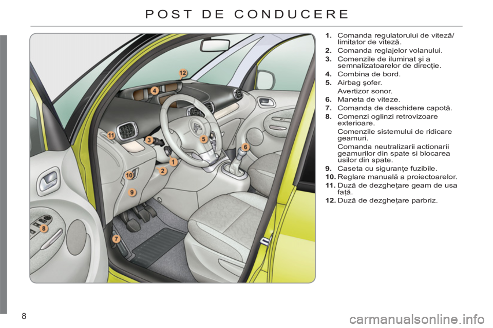 CITROEN C3 PICASSO 2012  Ghiduri De Utilizare (in Romanian) 8
   
 
1. 
  Comanda regulatorului de viteză/
limitator de viteză. 
   
2. 
  Comanda reglajelor volanului. 
   
3. 
  Comenzile de iluminat şi a 
semnalizatoarelor de direcţie. 
   
4. 
  Combin