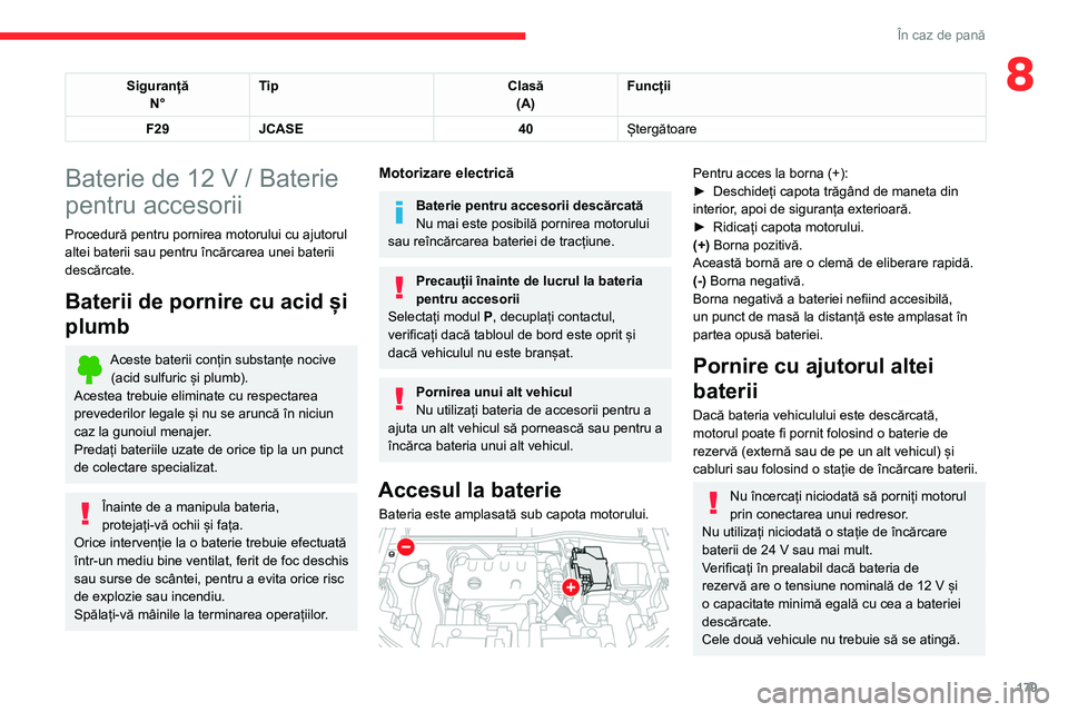 CITROEN C4 2021 Ghiduri De Utilizare (in Romanian) 179
În caz de pană
8SiguranțăN° Tip
Clasă
(A) Funcții
F29 JCASE 40Ștergătoare
Baterie de 12 V / Baterie
pentru accesorii
Procedură pentru pornirea motorului cu ajutorul
altei baterii sau p CITROEN C4 2021 Ghiduri De Utilizare (in Romanian) 179
În caz de pană
8SiguranțăN° Tip
Clasă
(A) Funcții
F29 JCASE 40Ștergătoare
Baterie de 12 V / Baterie
pentru accesorii
Procedură pentru pornirea motorului cu ajutorul
altei baterii sau p