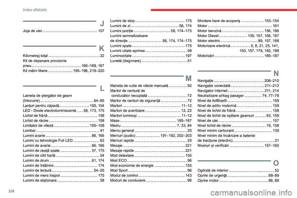 CITROEN C4 2021 Ghiduri De Utilizare (in Romanian) 230
Index alfabetic
J
Joja de ulei 157
K
Kilometraj total 22
Kit de depanare provizorie
pneu
166–169, 167
Kit mâini libere
195–196, 219–220
L
Lamela de ștergător de geam CITROEN C4 2021 Ghiduri De Utilizare (in Romanian) 230
Index alfabetic
J
Joja de ulei 157
K
Kilometraj total 22
Kit de depanare provizorie
pneu
166–169, 167
Kit mâini libere
195–196, 219–220
L
Lamela de ștergător de geam