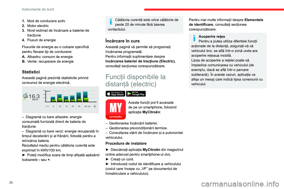 CITROEN C4 2021  Ghiduri De Utilizare (in Romanian) 26
Instrumente de bord
1.Mod de conducere activ
2. Motor electric
3. Nivel estimat de încărcare a bateriei de 
tracțiune
4. Fluxuri de energie
Fluxurile de energie au o culoare specifică 
pentru f