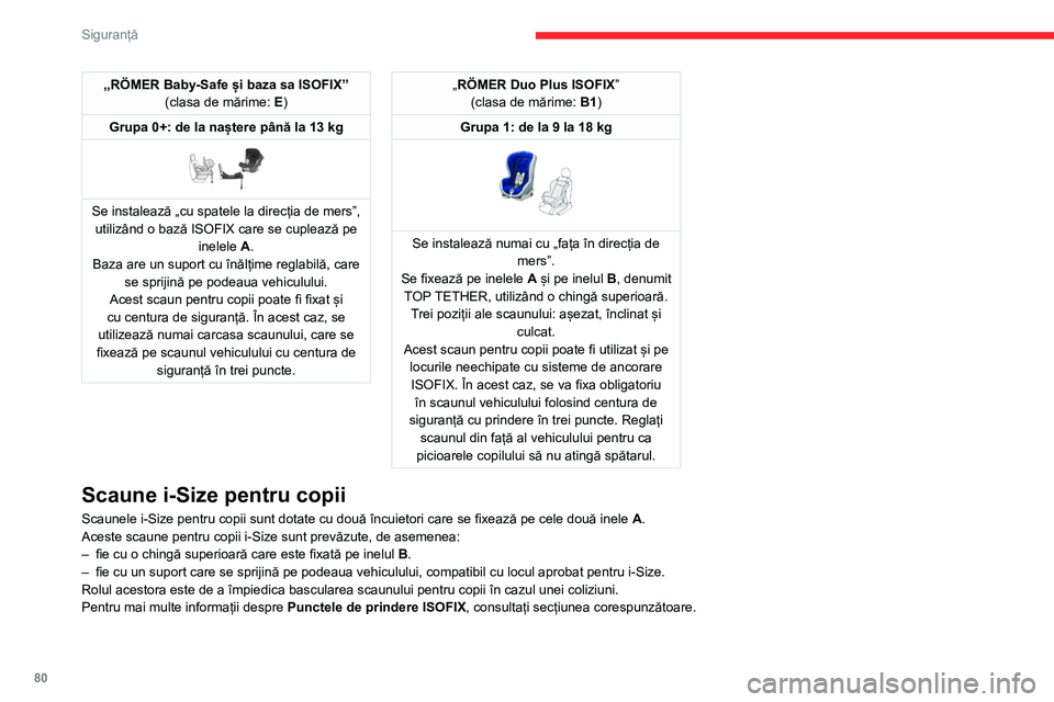 CITROEN C4 2021 Ghiduri De Utilizare (in Romanian) 80
Siguranță
Instalarea scaunelor universale, ISOFIX și i-Size pentru copii
În conformitate cu reglementările europene, acest tabel indică posibilitățile de instalare a scaunelor pentru copii CITROEN C4 2021 Ghiduri De Utilizare (in Romanian) 80
Siguranță
Instalarea scaunelor universale, ISOFIX și i-Size pentru copii
În conformitate cu reglementările europene, acest tabel indică posibilitățile de instalare a scaunelor pentru copii