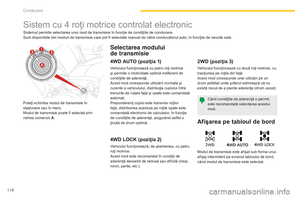 CITROEN C4 AIRCROSS 2016  Ghiduri De Utilizare (in Romanian) 118
C4-Aircross_ro_Chap04_conduite_ed01-2014
Sistem cu 4 roţi motrice controlat electronic
Sistemul permite selectarea unui mod de transmisie în funcţie de condiţiile de conducere.
Sunt disponibil