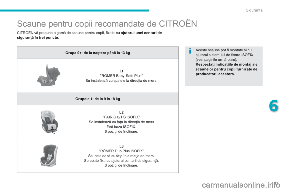 CITROEN C4 AIRCROSS 2016 Ghiduri De Utilizare (in Romanian) 161
C4-Aircross_ro_Chap06_securite_ed01-2014
Scaune pentru copii recomandate de CITROËN
Grupa 0+: de la naştere până la 13 kgL1
"RÖMER Baby-Safe Plus"
Se instalează cu spatele la direc CITROEN C4 AIRCROSS 2016 Ghiduri De Utilizare (in Romanian) 161
C4-Aircross_ro_Chap06_securite_ed01-2014
Scaune pentru copii recomandate de CITROËN
Grupa 0+: de la naştere până la 13 kgL1
"RÖMER Baby-Safe Plus"
Se instalează cu spatele la direc
