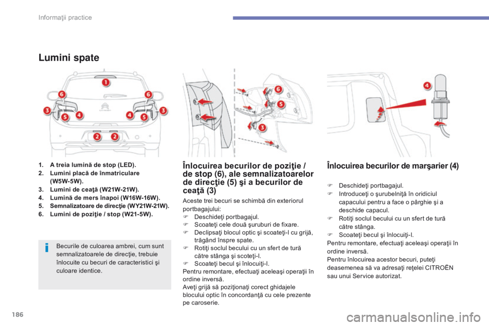 CITROEN C4 AIRCROSS 2016 Ghiduri De Utilizare (in Romanian) 186
C4-Aircross_ro_Chap07_info-pratiques_ed01-2014
1. A treia lumină de stop (LED).
2. L umini placă de înmatriculare
(W5W-5W).
3.
L
umini de ceaţă (W21W-21W).
4.
L
umină de mers înapoi CITROEN C4 AIRCROSS 2016 Ghiduri De Utilizare (in Romanian) 186
C4-Aircross_ro_Chap07_info-pratiques_ed01-2014
1. A treia lumină de stop (LED).
2. L umini placă de înmatriculare
(W5W-5W).
3.
L
umini de ceaţă (W21W-21W).
4.
L
umină de mers înapoi
