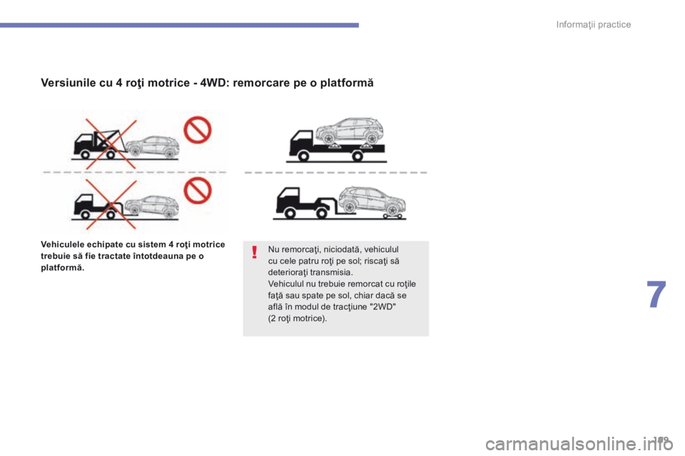 CITROEN C4 AIRCROSS 2016 Ghiduri De Utilizare (in Romanian) 199
C4-Aircross_ro_Chap07_info-pratiques_ed01-2014
Vehiculele echipate cu sistem 4 roţi motrice
trebuie să fie tractate întotdeauna pe o
platformă.Nu remorcaţi, niciodată, vehiculul
cu cele p CITROEN C4 AIRCROSS 2016 Ghiduri De Utilizare (in Romanian) 199
C4-Aircross_ro_Chap07_info-pratiques_ed01-2014
Vehiculele echipate cu sistem 4 roţi motrice
trebuie să fie tractate întotdeauna pe o
platformă.Nu remorcaţi, niciodată, vehiculul
cu cele p