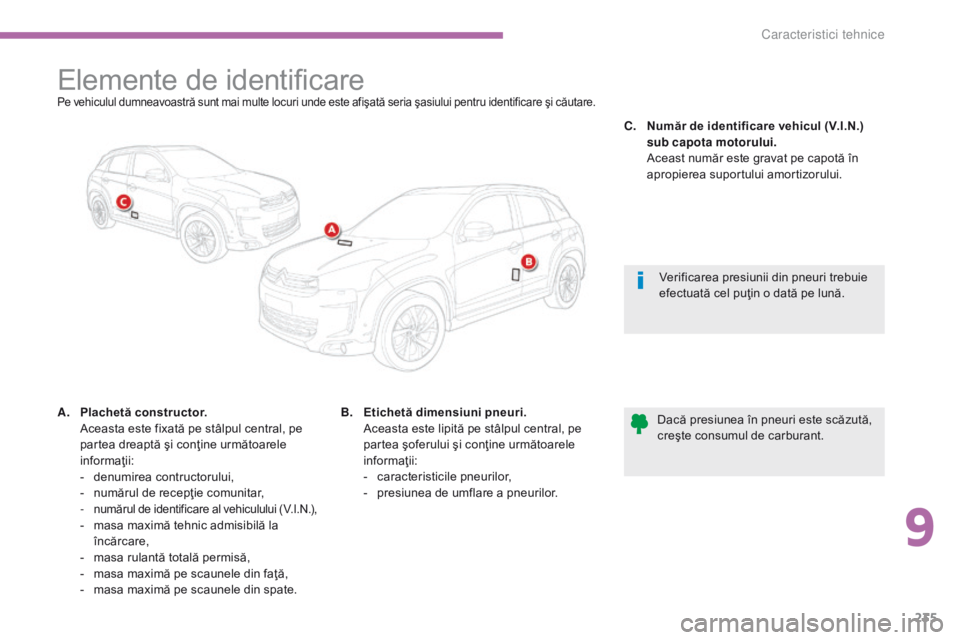 CITROEN C4 AIRCROSS 2016 Ghiduri De Utilizare (in Romanian) 235
C4-Aircross_ro_Chap09_caracteristiques-techniques_ed01-2014
Elemente de identificarePe vehiculul dumneavoastră sunt mai multe locuri unde este afişată seria şasiului pentru identificare şi c CITROEN C4 AIRCROSS 2016 Ghiduri De Utilizare (in Romanian) 235
C4-Aircross_ro_Chap09_caracteristiques-techniques_ed01-2014
Elemente de identificarePe vehiculul dumneavoastră sunt mai multe locuri unde este afişată seria şasiului pentru identificare şi c