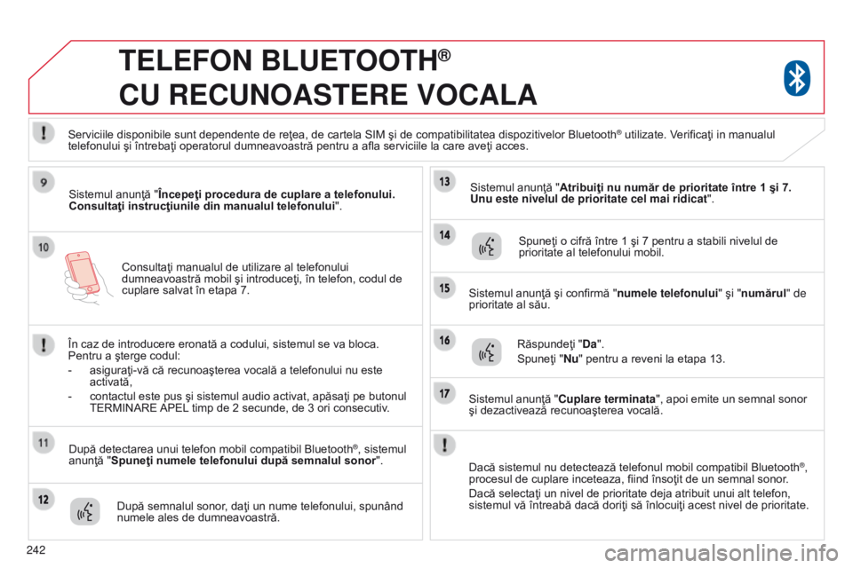 CITROEN C4 AIRCROSS 2016  Ghiduri De Utilizare (in Romanian) 242Consultaţi manualul de utilizare al telefonului 
dumneavoastră mobil şi introduceţi, în telefon, codul de 
cuplare salvat în etapa 7.
TELEFON BLUETOOTH®  
CU

 
RECUNOASTERE
 
VOCALA
Sistemu