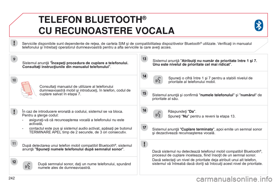 CITROEN C4 AIRCROSS 2016 Ghiduri De Utilizare (in Romanian) 242Consultaţi manualul de utilizare al telefonului
dumneavoastră mobil şi introduceţi, în telefon, codul de
cuplare salvat în etapa 7.
TELEFON BLUETOOTH®
CU
RECUNOASTERE
VOCALA
Sistemu CITROEN C4 AIRCROSS 2016 Ghiduri De Utilizare (in Romanian) 242Consultaţi manualul de utilizare al telefonului
dumneavoastră mobil şi introduceţi, în telefon, codul de
cuplare salvat în etapa 7.
TELEFON BLUETOOTH®
CU
RECUNOASTERE
VOCALA
Sistemu