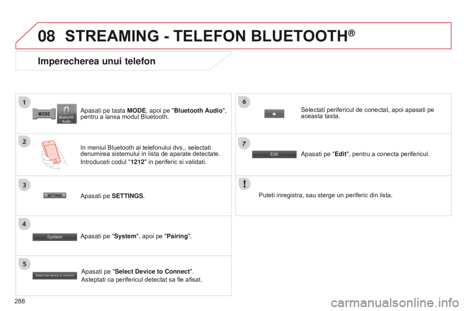 CITROEN C4 AIRCROSS 2016 Ghiduri De Utilizare (in Romanian) 08
288
C4-Aircross_ro_Chap10b_Mitsu6_ed01-2014
Apasati pe tasta MODE, apoi pe "Bluetooth Audio",
pentru a lansa modul Bluetooth.
Imperecherea unui telefon
In meniul Bluetooth al telefonului d CITROEN C4 AIRCROSS 2016 Ghiduri De Utilizare (in Romanian) 08
288
C4-Aircross_ro_Chap10b_Mitsu6_ed01-2014
Apasati pe tasta MODE, apoi pe "Bluetooth Audio",
pentru a lansa modul Bluetooth.
Imperecherea unui telefon
In meniul Bluetooth al telefonului d