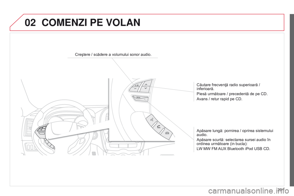 CITROEN C4 AIRCROSS 2016 Ghiduri De Utilizare (in Romanian) 02
291
C4-Aircross_ro_Chap10c_Mitsu5_ed01-2014
COMENZI PE VOLAN
Creştere / scădere a volumului sonor audio.Căutare frecvenţă radio superioară /
inferioară.
Piesă următoare / precedentă de p CITROEN C4 AIRCROSS 2016 Ghiduri De Utilizare (in Romanian) 02
291
C4-Aircross_ro_Chap10c_Mitsu5_ed01-2014
COMENZI PE VOLAN
Creştere / scădere a volumului sonor audio.Căutare frecvenţă radio superioară /
inferioară.
Piesă următoare / precedentă de p