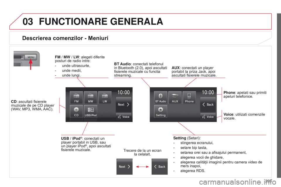 CITROEN C4 AIRCROSS 2016 Ghiduri De Utilizare (in Romanian) 03
293
C4-Aircross_ro_Chap10c_Mitsu5_ed01-2014
FUNCTIONARE GENERALA
Descrierea comenzilor - Meniuri
Setting (Setari):
-
stingerea ecranului,
-
setare bip tasta,
-
setarea orei sau a afisajului CITROEN C4 AIRCROSS 2016 Ghiduri De Utilizare (in Romanian) 03
293
C4-Aircross_ro_Chap10c_Mitsu5_ed01-2014
FUNCTIONARE GENERALA
Descrierea comenzilor - Meniuri
Setting (Setari):
-
stingerea ecranului,
-
setare bip tasta,
-
setarea orei sau a afisajului