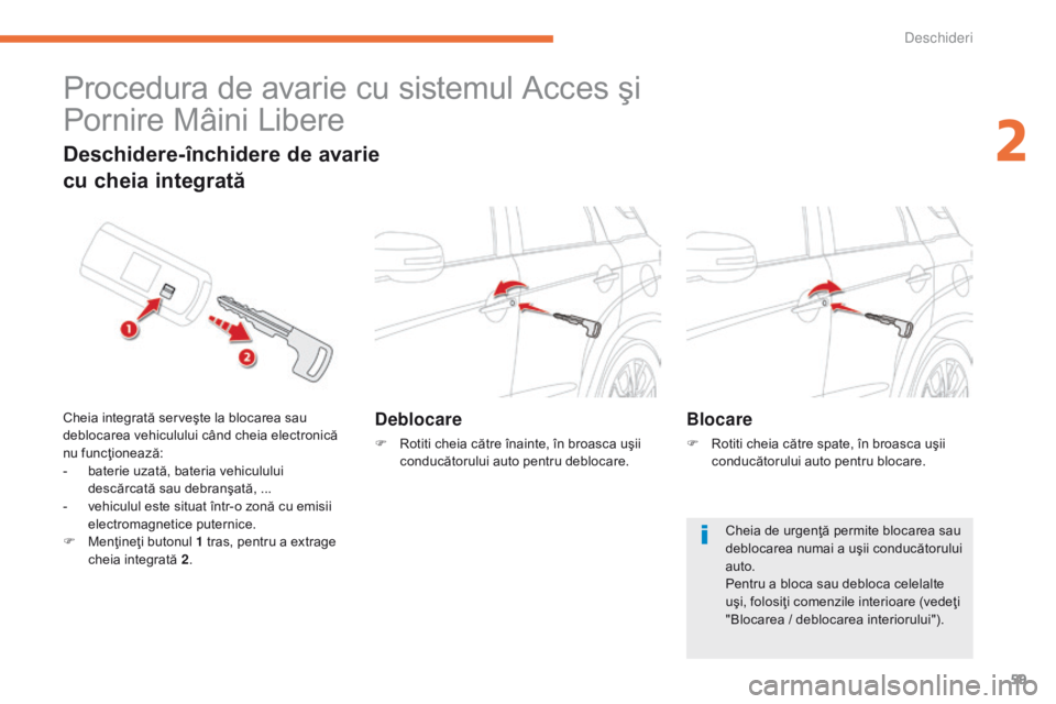 CITROEN C4 AIRCROSS 2016 Ghiduri De Utilizare (in Romanian) 59
C4-Aircross_ro_Chap02_ouvertures_ed01-2014
Procedura de avarie cu sistemul Acces şi
Pornire Mâini Libere
Deblocare
F Rotiti cheia către înainte, în broasca uşii conducătorului auto pentru CITROEN C4 AIRCROSS 2016 Ghiduri De Utilizare (in Romanian) 59
C4-Aircross_ro_Chap02_ouvertures_ed01-2014
Procedura de avarie cu sistemul Acces şi
Pornire Mâini Libere
Deblocare
F Rotiti cheia către înainte, în broasca uşii conducătorului auto pentru