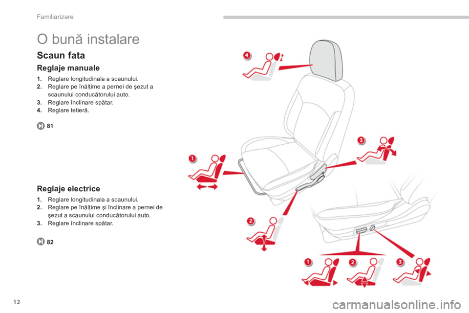 CITROEN C4 AIRCROSS 2014 Ghiduri De Utilizare (in Romanian) 12
Familiarizare
O bună instalare
Scaun fata
Reglaje manuale
1.
Reglare longitudinala a scaunului.
2.
Reglare pe înălţime a pernei de şezut a
scaunului conducătoru CITROEN C4 AIRCROSS 2014 Ghiduri De Utilizare (in Romanian) 12
Familiarizare
O bună instalare
Scaun fata
Reglaje manuale
1.
Reglare longitudinala a scaunului.
2.
Reglare pe înălţime a pernei de şezut a
scaunului conducătoru