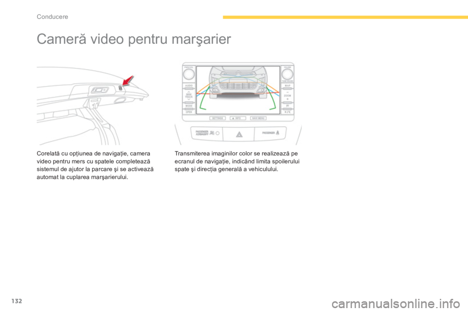 CITROEN C4 AIRCROSS 2014  Ghiduri De Utilizare (in Romanian) 132
Conducere
   
 
 
 
 
Cameră video pentru marşarier 
 
 
Corelată cu opţiunea de navigaţie, camera 
video pentru mers cu spatele completează 
sistemul de ajutor la parcare şi se activează 