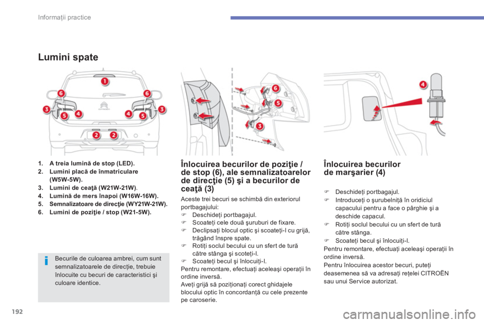 CITROEN C4 AIRCROSS 2014  Ghiduri De Utilizare (in Romanian) 192
Informaţii practice
 
 
 
1. 
  A treia lumină de stop (LED). 
 
   
2. 
  Lumini placă de înmatriculare 
 
  (W5W-5W). 
 
   
3. 
  Lumini de ceaţă (W21W-21W) 
. 
   
4. 
  Lumină de mers 