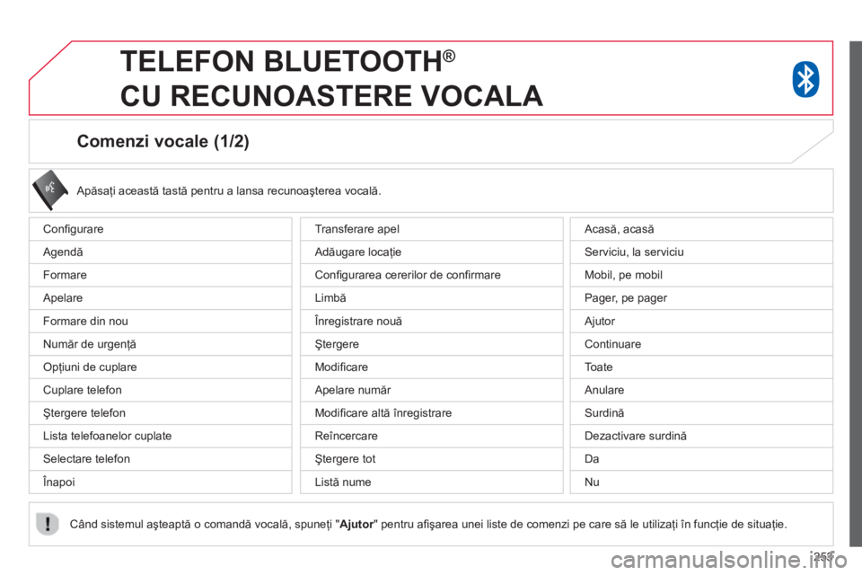 CITROEN C4 AIRCROSS 2014 Ghiduri De Utilizare (in Romanian) 253
Comenzi vocale (1/2)
Confi gurare
Agendă
Formare
Apelare
Formare din nou
Număr de urgenţă
Opţiuni de cuplare
Cuplare telefon
Ştergere telefon CITROEN C4 AIRCROSS 2014 Ghiduri De Utilizare (in Romanian) 253
Comenzi vocale (1/2)
Confi gurare
Agendă
Formare
Apelare
Formare din nou
Număr de urgenţă
Opţiuni de cuplare
Cuplare telefon
Ştergere telefon