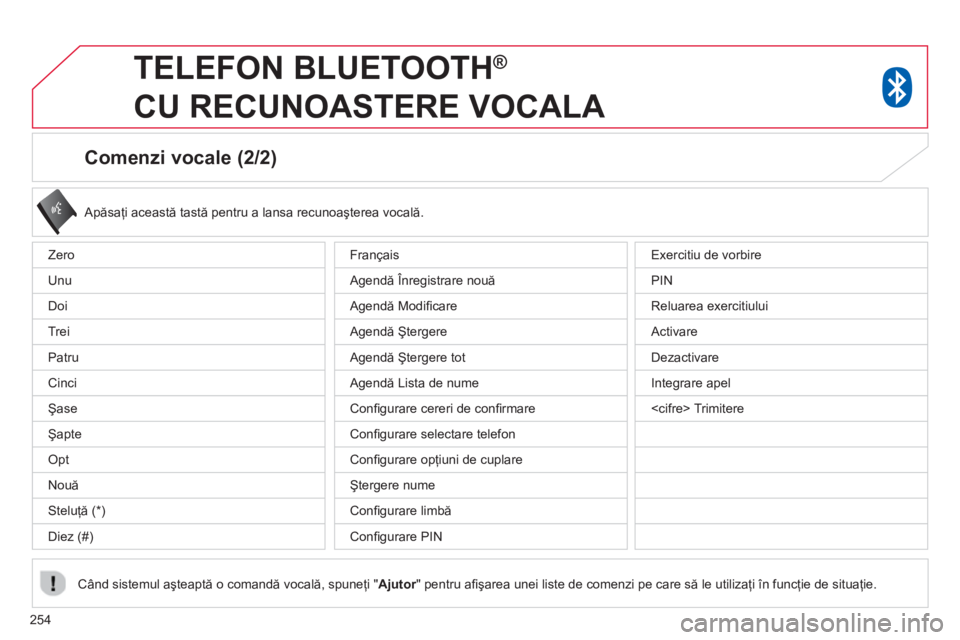 CITROEN C4 AIRCROSS 2014 Ghiduri De Utilizare (in Romanian) 254
Comenzi vocale (2/2)
Apăsaţi această tastă pentru a lansa recunoaşterea vocală.
Când sistemul aşteaptă o comandă vocală, spuneţi " Ajutor
" pentru afi şarea unei li CITROEN C4 AIRCROSS 2014 Ghiduri De Utilizare (in Romanian) 254
Comenzi vocale (2/2)
Apăsaţi această tastă pentru a lansa recunoaşterea vocală.
Când sistemul aşteaptă o comandă vocală, spuneţi " Ajutor
" pentru afi şarea unei li