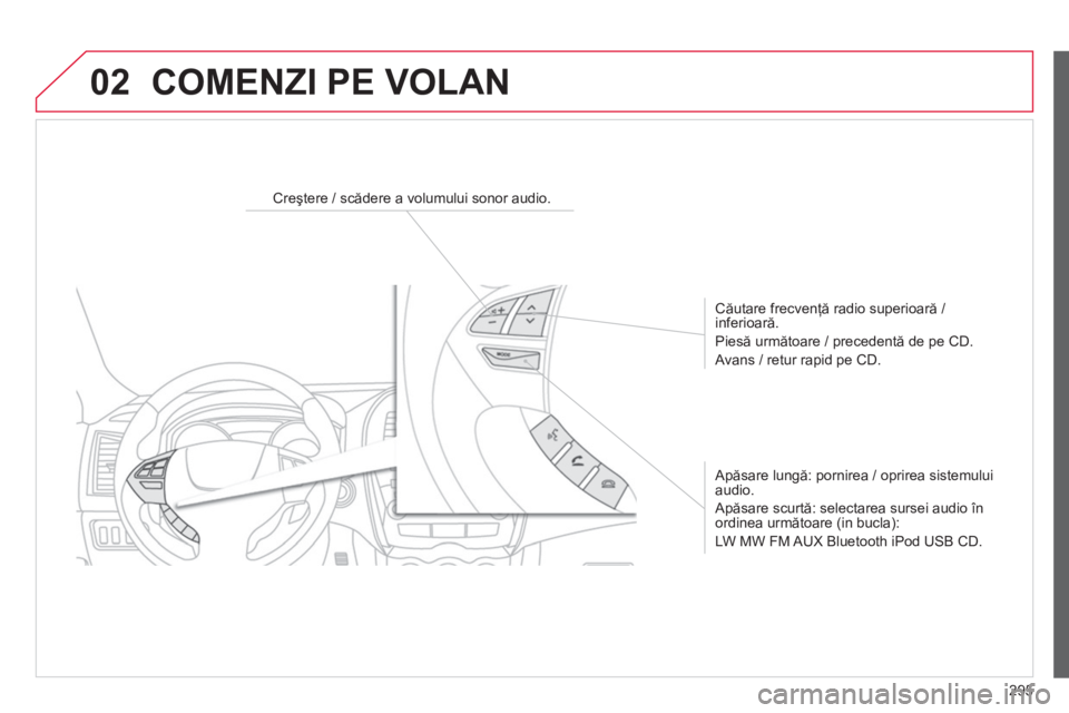CITROEN C4 AIRCROSS 2014  Ghiduri De Utilizare (in Romanian) 295
02  COMENZI PE VOLAN 
 
 
 
 
 
 
 
 
Creştere / scădere a volumului sonor audio.  
   
Căutare frecvenţă radio superioară / 
inferioară. 
  Piesă următoare / precedentă de pe CD. 
  Ava