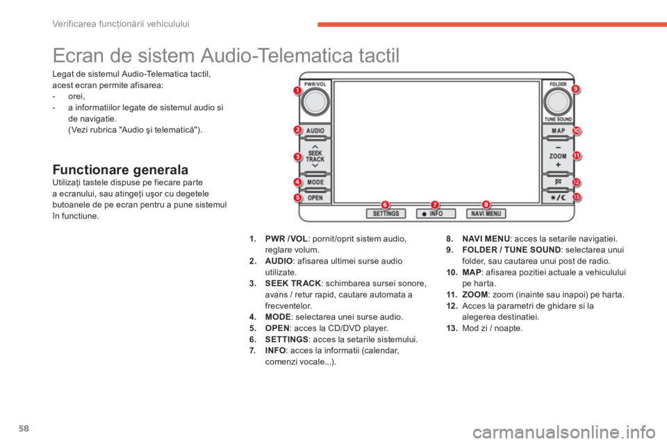 CITROEN C4 AIRCROSS 2014 Ghiduri De Utilizare (in Romanian) 58
Ver if ic area funcţionării vehiculului
Ecran de sistem Audio-Telematica tactil
Functionare generala
Utilizaţi tastele dispuse pe fiecare parte
a ecranului, sau a CITROEN C4 AIRCROSS 2014 Ghiduri De Utilizare (in Romanian) 58
Ver if ic area funcţionării vehiculului
Ecran de sistem Audio-Telematica tactil
Functionare generala
Utilizaţi tastele dispuse pe fiecare parte
a ecranului, sau a
