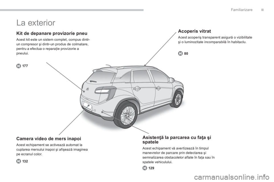 CITROEN C4 AIRCROSS 2014 Ghiduri De Utilizare (in Romanian) .
5
Familiarizare
Kit de depanare provizorie pneu
Acest kit este un sistem complet, compus dintr-
un compresor şi dintr-un produs de colmatare,
pentru a efectua o reparaţie provizorie a
pne CITROEN C4 AIRCROSS 2014 Ghiduri De Utilizare (in Romanian) .
5
Familiarizare
Kit de depanare provizorie pneu
Acest kit este un sistem complet, compus dintr-
un compresor şi dintr-un produs de colmatare,
pentru a efectua o reparaţie provizorie a
pne