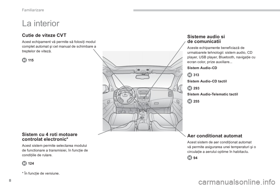 CITROEN C4 AIRCROSS 2014 Ghiduri De Utilizare (in Romanian) 8
Familiarizare
La interior
Sistem cu 4 roti motoare
controlat electronic *
Acest sistem permite selectarea modului
de functionare a transmisiei, în funcţie de
condiţiile de rulare. CITROEN C4 AIRCROSS 2014 Ghiduri De Utilizare (in Romanian) 8
Familiarizare
La interior
Sistem cu 4 roti motoare
controlat electronic *
Acest sistem permite selectarea modului
de functionare a transmisiei, în funcţie de
condiţiile de rulare.