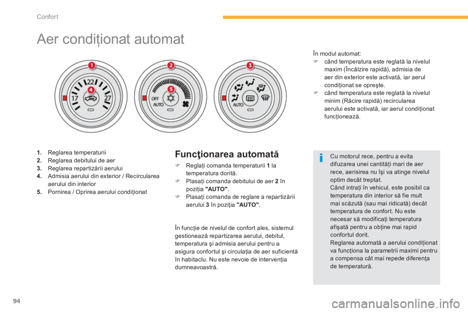 CITROEN C4 AIRCROSS 2014  Ghiduri De Utilizare (in Romanian) 94
Confort
   
 
 
 
 
 
 
 
 
 
 
 
 
 
 
 
 
 
 
 
Aer condiţionat automat 
 
 
 
1. 
 Reglarea temperaturii 
   
2. 
  Reglarea debitului de aer 
   
3. 
 Reglarea repartizării aerului 
   
4. 
 