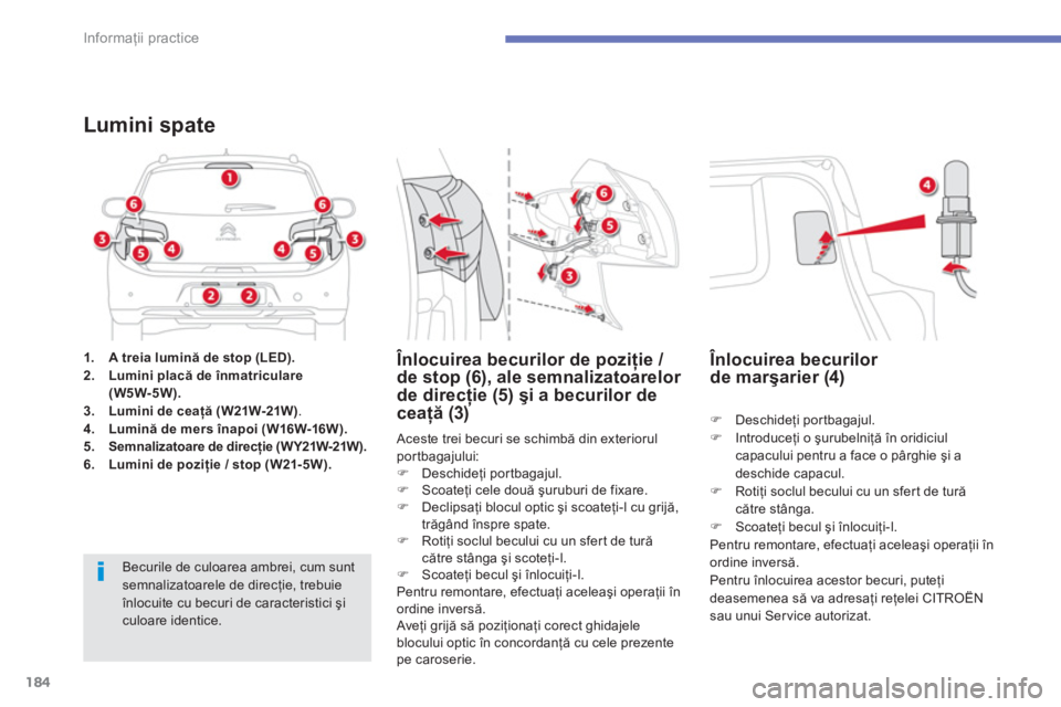 CITROEN C4 AIRCROSS 2013  Ghiduri De Utilizare (in Romanian) 184
Informaţii practice
1.A treia lumină de stop (LED).2.Lumini placă de înmatriculare(W5W-5W).3.Lumini de ceaţă (W21W-21W).4.Lumină de mers înapoi(W16W-16W).5.Semnalizatoare de direcţie (WY2