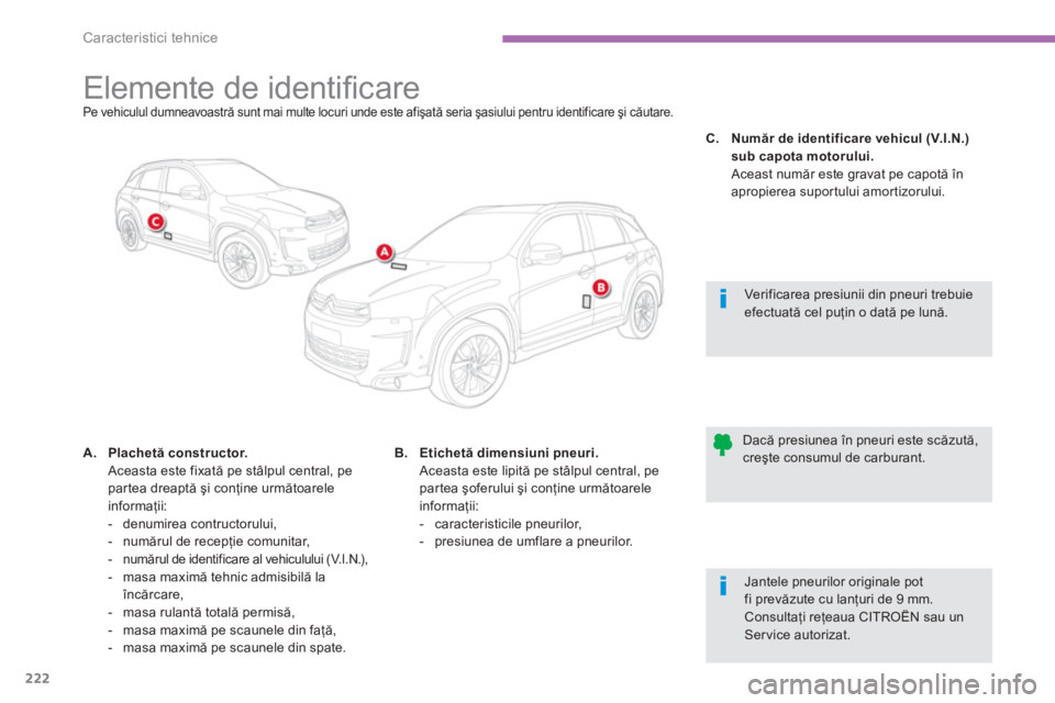 CITROEN C4 AIRCROSS 2013  Ghiduri De Utilizare (in Romanian) 222
Caracteristici tehnice
   
 
 
 
 
 
 
 
 
 
 
 
 
 
 
 
 
 
 
 
Elemente de identiﬁ care Pe vehiculul dumneavoastră sunt mai multe locuri unde este afişată seria şasiului pentru identificar