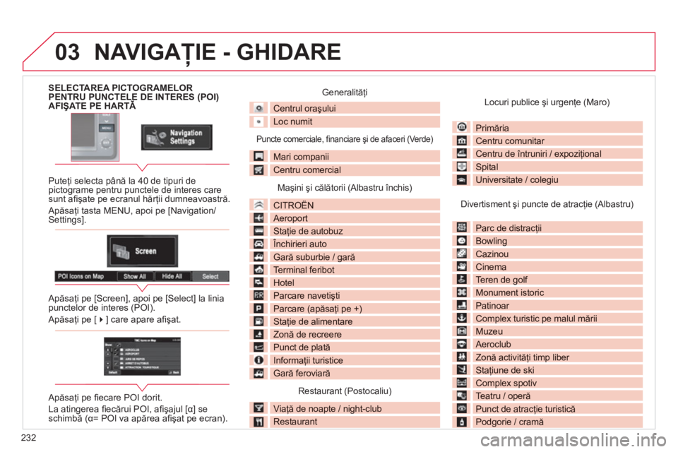 CITROEN C4 AIRCROSS 2013  Ghiduri De Utilizare (in Romanian) 232
03
SELECTAREA PICTOGRAMELORPENTRU PUNCTELE DE INTERES (POI)AFIŞATE PE HARTĂ
   
Puteţi selecta p