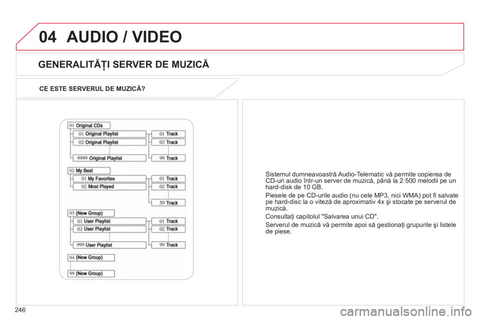 CITROEN C4 AIRCROSS 2013  Ghiduri De Utilizare (in Romanian) 246
04
CE ESTE SERVERUL DE MUZICĂ?  
 
 
GENERALITĂŢI SERVER DE MUZICĂ 
 
AUDIO / VIDEO
Sistemul dumneavoastră Audio-Telematic  vă permite copierea de CD-uri audio într-un server de muzică, p