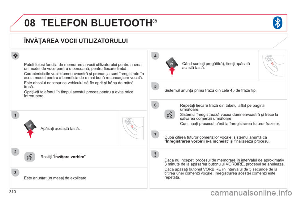 CITROEN C4 AIRCROSS 2013  Ghiduri De Utilizare (in Romanian) 310
08
2
3
1
4
5
6
7
TELEFON BLUETOOTH ®
   
 
 
 
 
 
 
 
 
 
 
 
 
 
 
 
 
 
ÎNVĂŢAREA VOCII UTILIZATORULUI 
Puteţi folosi funcţia de memorare a vocii utilizatorului pentru a crea un model de 
