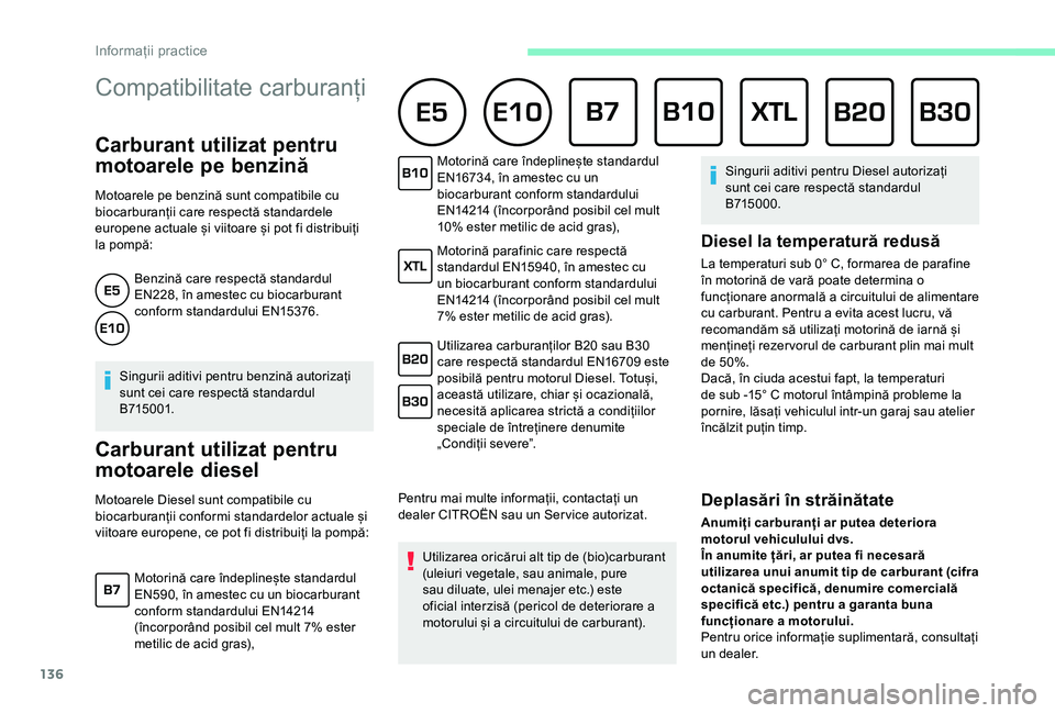 CITROEN C4 CACTUS 2019 Ghiduri De Utilizare (in Romanian) 136
Compatibilitate carburanți
Carburant utilizat pentru
motoarele pe benzină
Motoarele pe benzină sunt compatibile cu
biocarburanții care respectă standardele
europene actuale și viitoare CITROEN C4 CACTUS 2019 Ghiduri De Utilizare (in Romanian) 136
Compatibilitate carburanți
Carburant utilizat pentru
motoarele pe benzină
Motoarele pe benzină sunt compatibile cu
biocarburanții care respectă standardele
europene actuale și viitoare