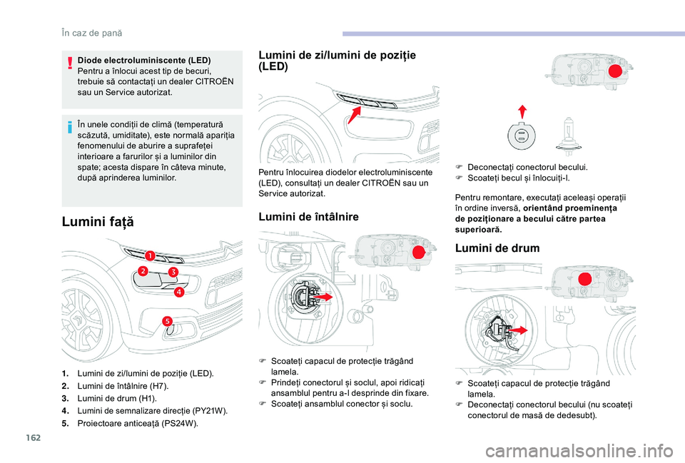 CITROEN C4 CACTUS 2019  Ghiduri De Utilizare (in Romanian) 162
Diode electroluminiscente (LED)
Pentru a înlocui acest tip de becuri, 
trebuie să contactați un dealer CITROËN 
sau un Ser vice autorizat.
În unele condiții de climă (temperatură 
scăzut