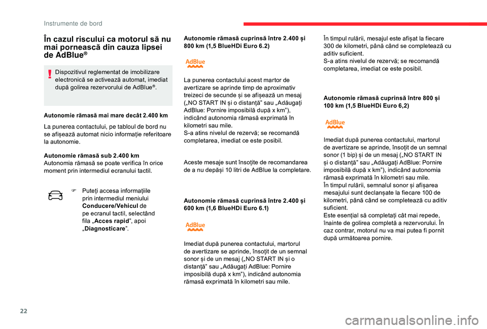 CITROEN C4 CACTUS 2019 Ghiduri De Utilizare (in Romanian) 22
Autonomie rămasă cuprinsă între 2.400 și
600 km (1,6 BlueHDi Euro 6.1) Autonomie rămasă cuprinsă între 800 și
100
km (1,5 BlueHDi Euro 6,2)
În cazul riscului ca motorul să nu
mai CITROEN C4 CACTUS 2019 Ghiduri De Utilizare (in Romanian) 22
Autonomie rămasă cuprinsă între 2.400 și
600 km (1,6 BlueHDi Euro 6.1) Autonomie rămasă cuprinsă între 800 și
100
km (1,5 BlueHDi Euro 6,2)
În cazul riscului ca motorul să nu
mai