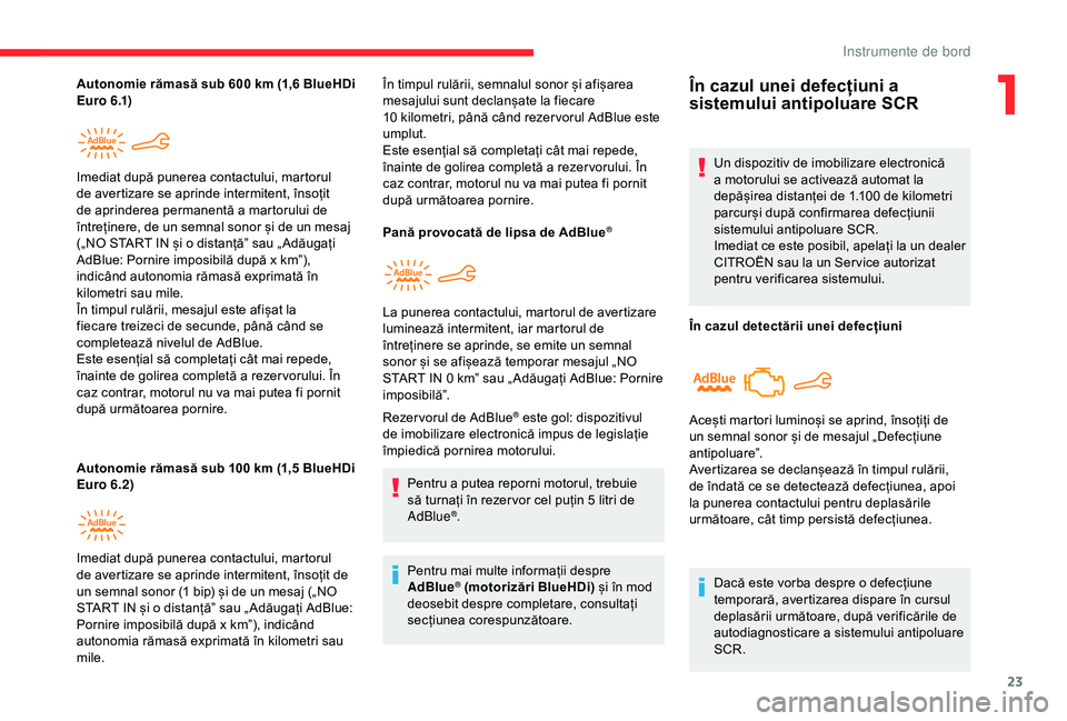 CITROEN C4 CACTUS 2019  Ghiduri De Utilizare (in Romanian) 23
Autonomie rămasă sub 600 km (1,6 BlueHDi 
E u r o  6 .1)
Autonomie rămasă sub 100
  km (1,5 BlueHDi 
Euro 6.2) Imediat după punerea contactului, martorul 
de avertizare se aprinde intermitent,