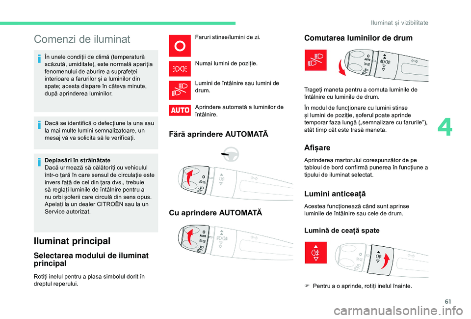 CITROEN C4 CACTUS 2019 Ghiduri De Utilizare (in Romanian) 61
Comenzi de iluminat
În unele condiții de climă (temperatură
scăzută, umiditate), este normală apariția
fenomenului de aburire a suprafeței
interioare a farurilor și a luminilor din
sp CITROEN C4 CACTUS 2019 Ghiduri De Utilizare (in Romanian) 61
Comenzi de iluminat
În unele condiții de climă (temperatură
scăzută, umiditate), este normală apariția
fenomenului de aburire a suprafeței
interioare a farurilor și a luminilor din
sp